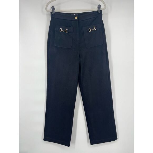7 For All Mankind Wide Leg Black Pants Gold Horse Bit Hardware High Rise Size 6 - Picture 1 of 9